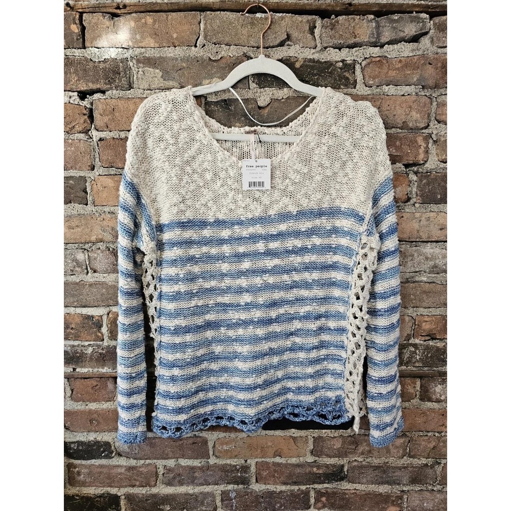 Free People Sweater Womens XS French Blue Striped Crochet Knit Pullover Top